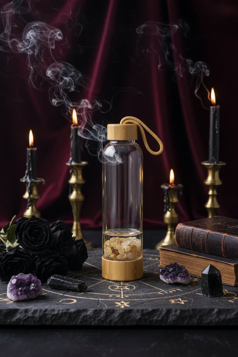Crystal Energy Bottle - Sorceress Sanctuary Yellow-Purple-White crystal-Obsidian-Pink