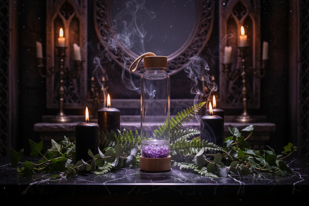 Crystal Energy Bottle - Sorceress Sanctuary Yellow-Purple-White crystal-Obsidian-Pink