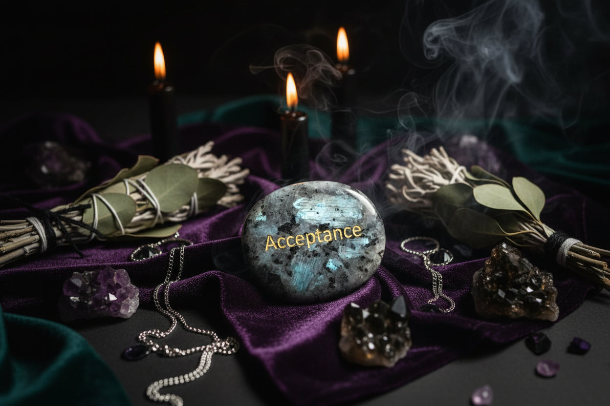 Crystal Energy Stones - Sorceress Sanctuary 45*35*7mm / White Pine (Hope)-45*35*7mm / one day at a time-45*35*7mm / Protein (Integrity)-45*35*7mm / Black Flash (Acceptance,)-45*35*7mm / Spot (Kindness)