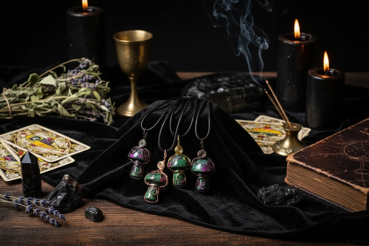 Crystal Mushroom Necklace - Sorceress Sanctuary Green-Transparent-Beige-Brown-Grey