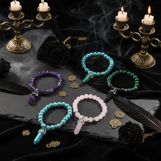 Crystal Pillar Bracelets - Sorceress Sanctuary Malachite blue-Turquoise green-Tiger Eye Stone-Volcanic rock-Black