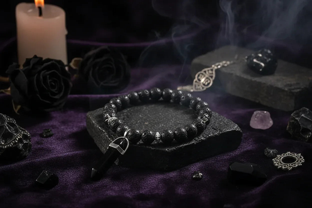 Crystal Pillar Bracelets - Sorceress Sanctuary Malachite blue-Turquoise green-Tiger Eye Stone-Volcanic rock-Black