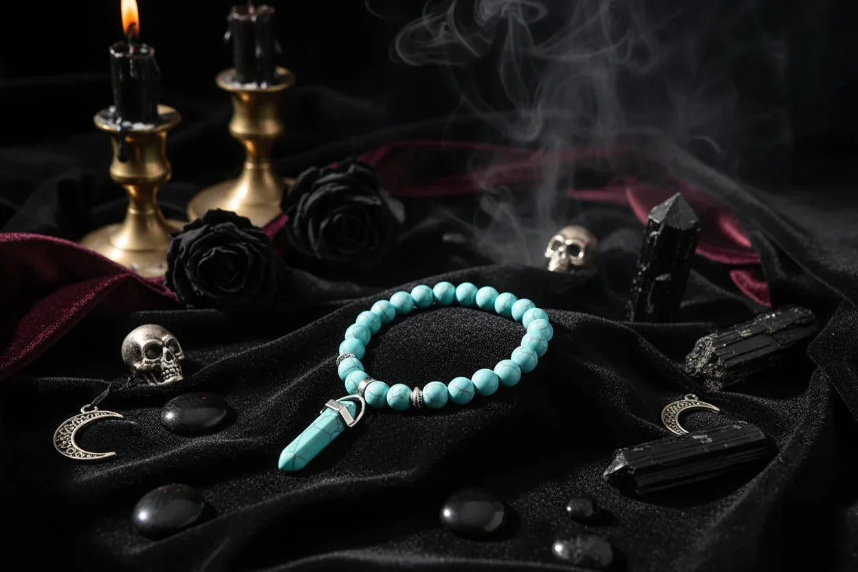 Crystal Pillar Bracelets - Sorceress Sanctuary Malachite blue-Turquoise green-Tiger Eye Stone-Volcanic rock-Black