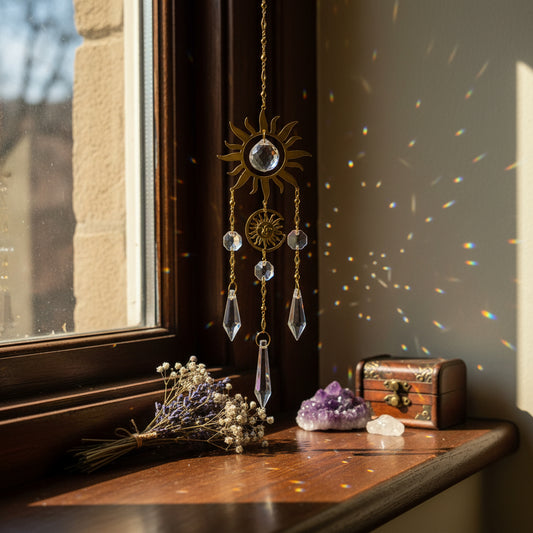 Decorative sun-shaped hanging ornament with crystals on a dark background