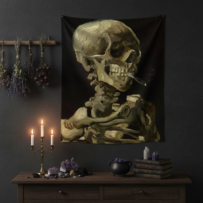 Skeletal figure with a cigarette against a black background