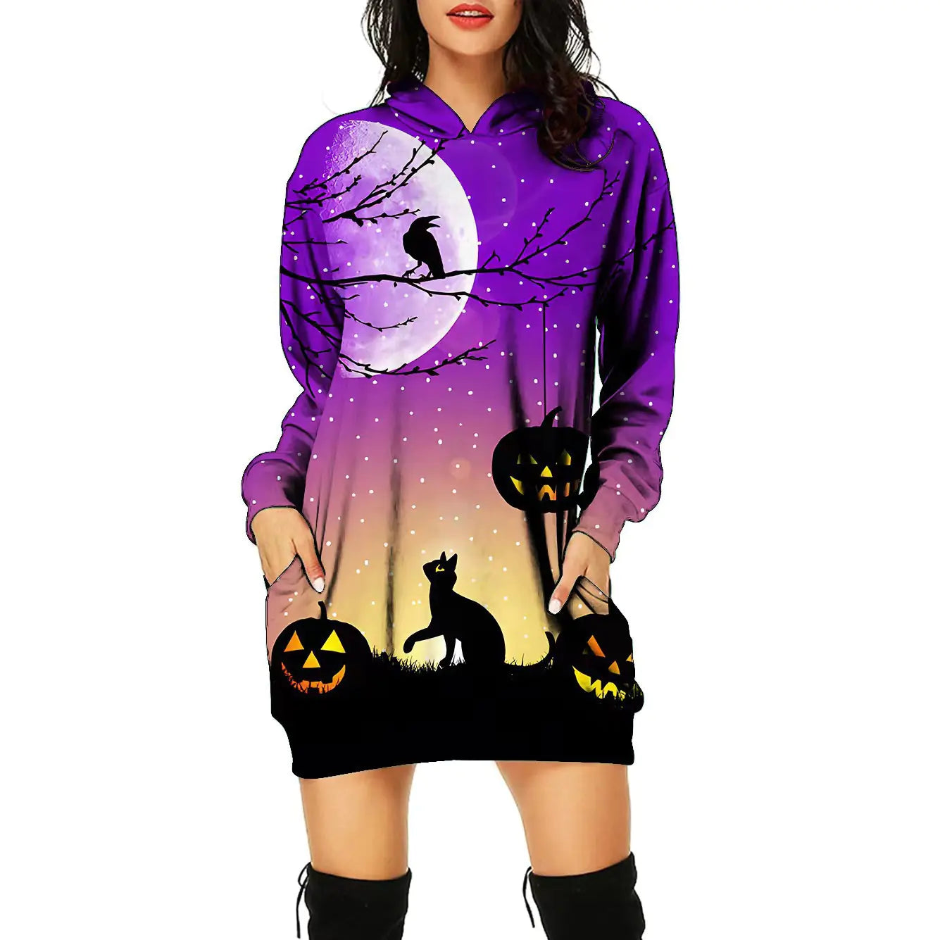Halloween-themed purple dress with pumpkins and cats design on a white background