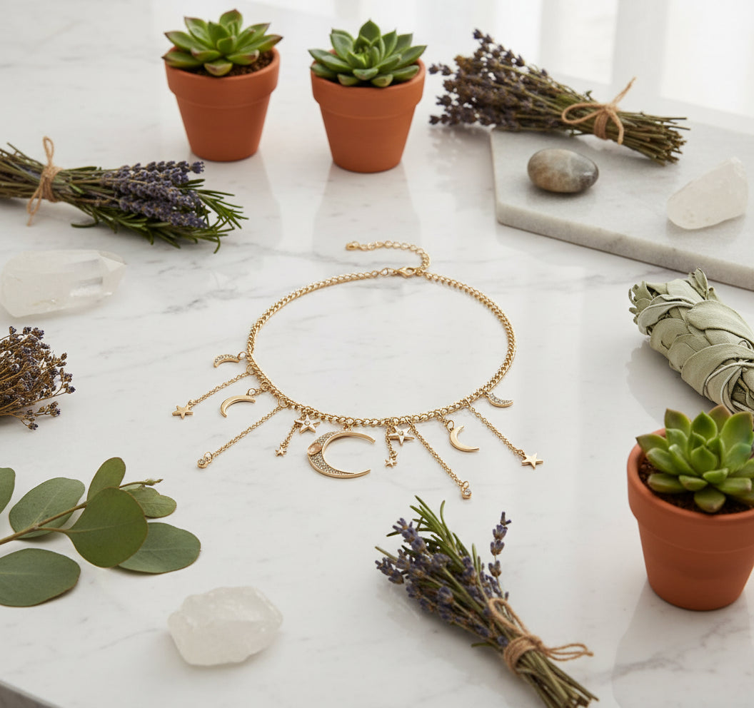 Necklace with moon and star charms on a black background