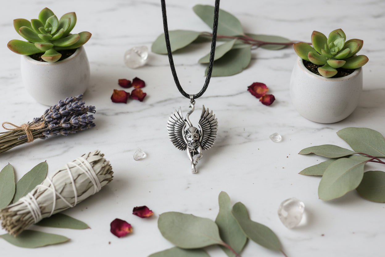 Silver winged cat pendant on a black cord against a wooden background
