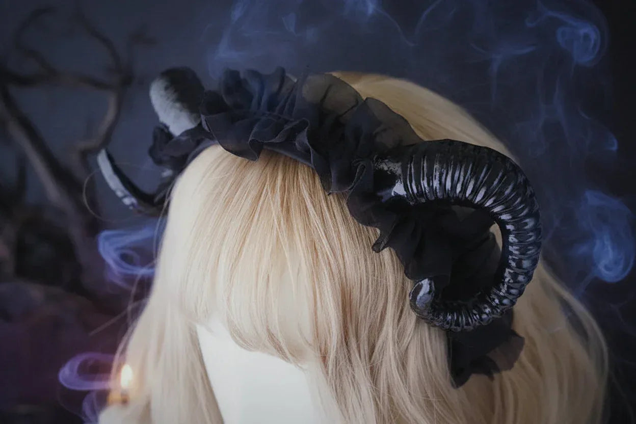 Demon Lace Headband - Sorceress Sanctuary Black Horn Lace Headband