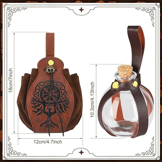 Brown leather pouch with embossed design and glass bottle with cork stopper, showing measurements.