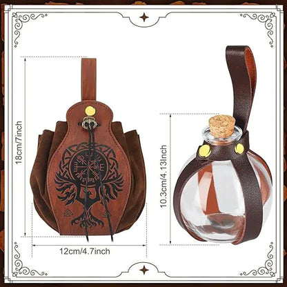 Brown leather pouch with embossed design and glass bottle with cork stopper, showing measurements.