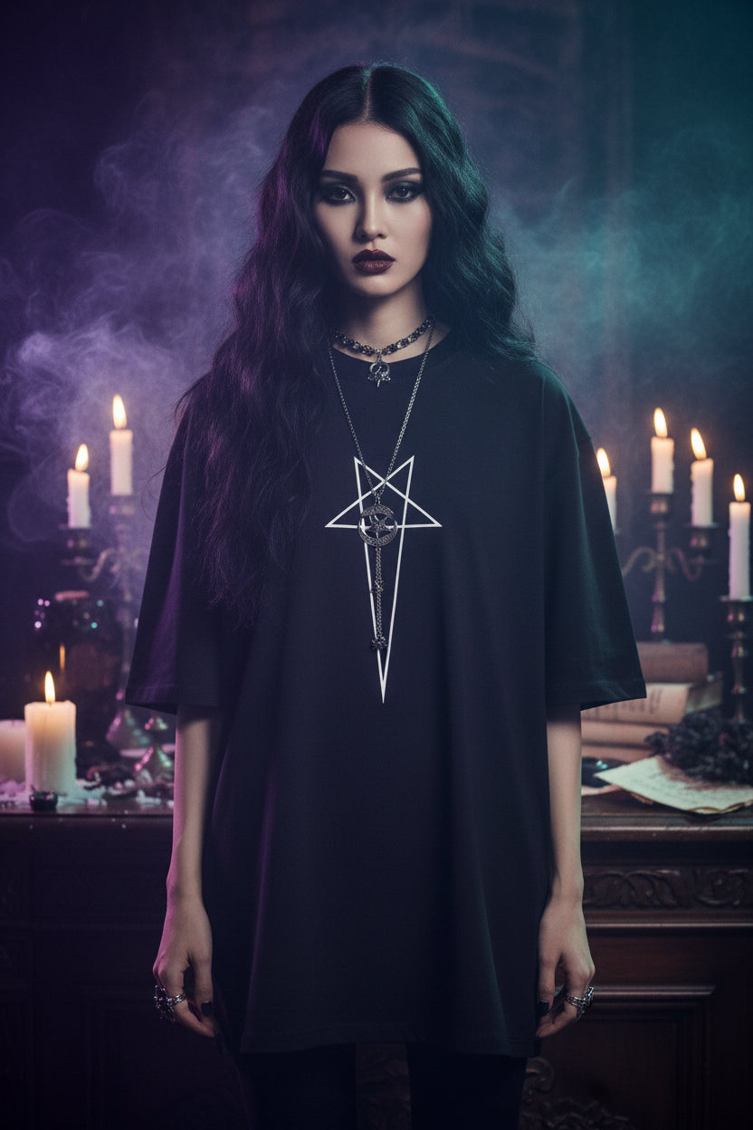 Black t-shirt with a white star design on a hanger against a white background