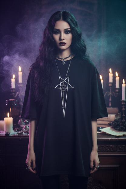 Black t-shirt with a white star design on a hanger against a white background