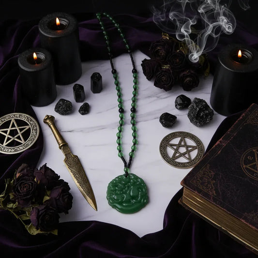 Dragon Jade Amulet - Sorceress Sanctuary Dark green beads necklace pendant