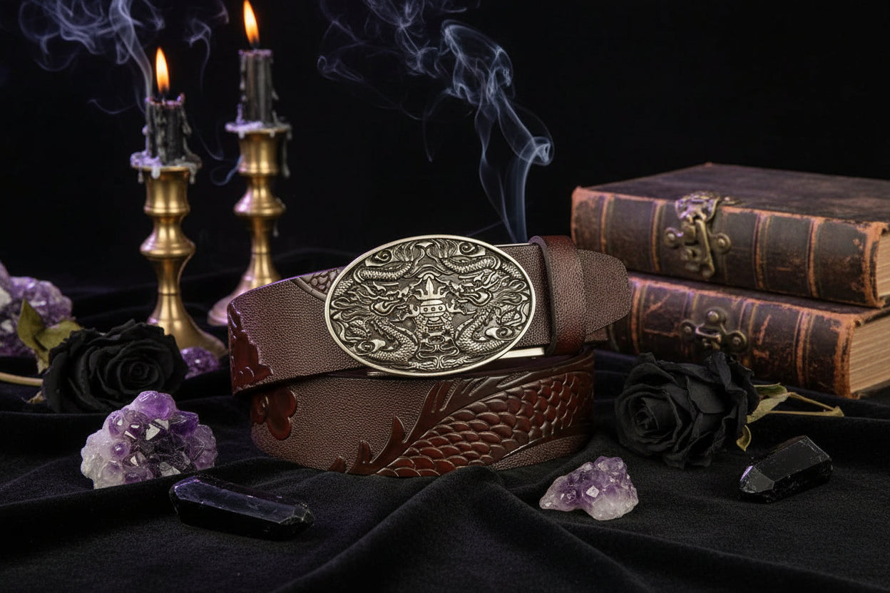 Dragon Leather Belt - Sorceress Sanctuary Black V - Gold Buckle / 110cm-Black V - Gold Buckle / 120cm-Black V - Gold Buckle / 125cm-Curry V - Silver buckle / 130cm-Curry V - Gold Buckle / 110cm