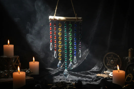 Dream Crystal Chime - Sorceress Sanctuary Wooden stick rainbow color PIPA-Wooden stick AB color pointed beads-Colorful peach hearts on wooden sticks