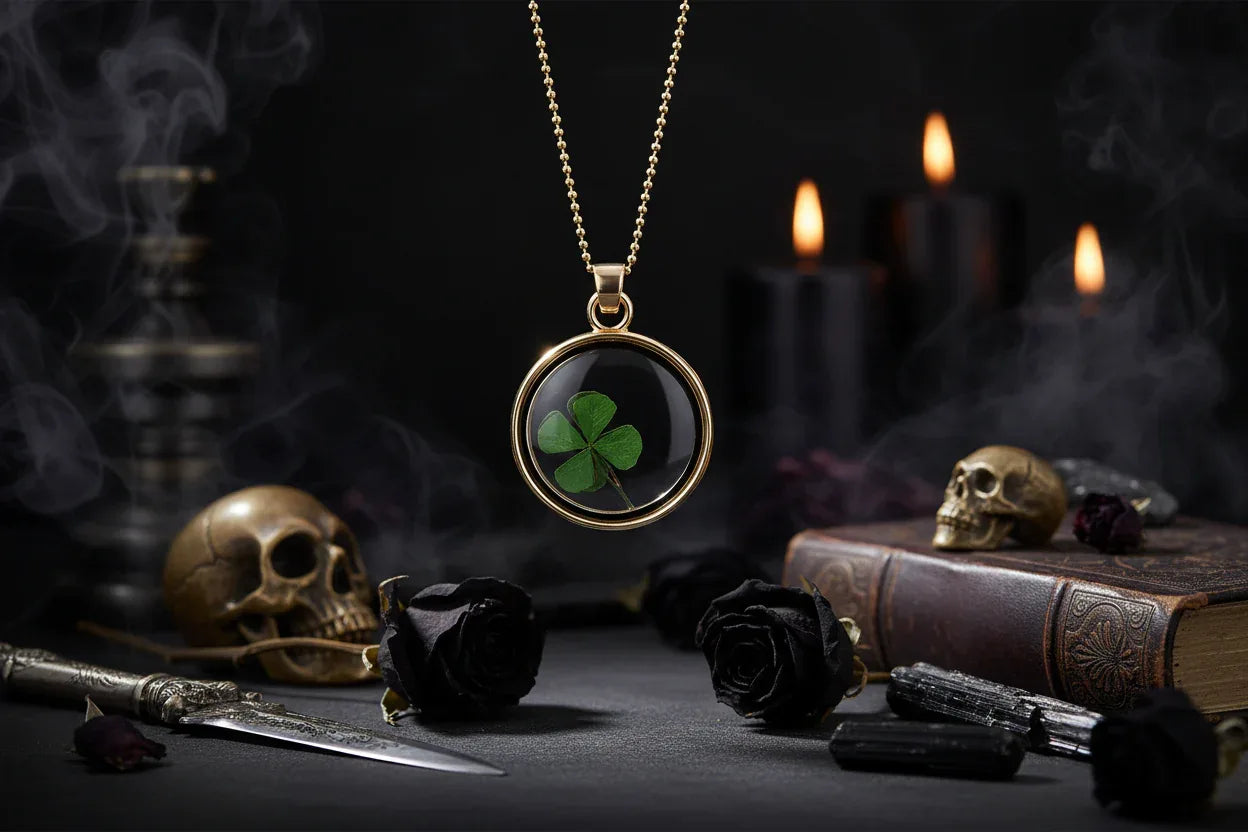 Dried Flower Necklace - Sorceress Sanctuary White K four-leaf clover-Purple branch and purple flower-White Golden Chrysanthemum-Golden four-leaf clover-Heart blossoms-pink