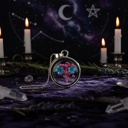 Dried Flower Necklace - Sorceress Sanctuary White K four-leaf clover-Purple branch and purple flower-White Golden Chrysanthemum-Golden four-leaf clover-Heart blossoms-pink