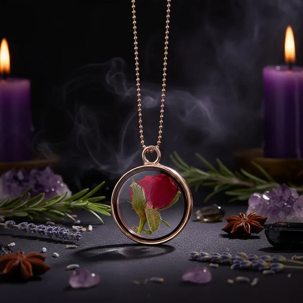 Dried Flower Necklace - Sorceress Sanctuary White K four-leaf clover-Purple branch and purple flower-White Golden Chrysanthemum-Golden four-leaf clover-Heart blossoms-pink