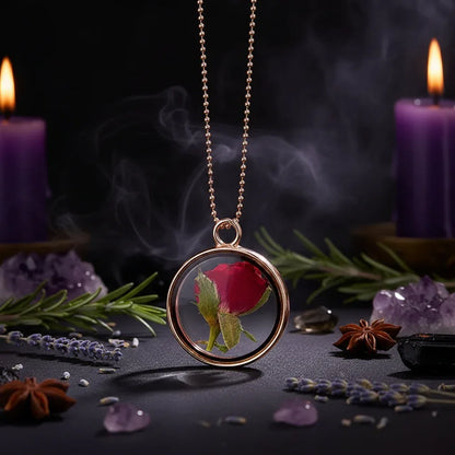 Dried Flower Necklace - Sorceress Sanctuary White K four-leaf clover-Purple branch and purple flower-White Golden Chrysanthemum-Golden four-leaf clover-Heart blossoms-pink