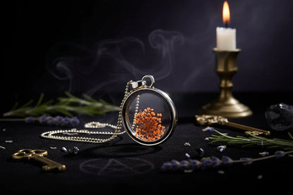 Dried Flower Necklace - Sorceress Sanctuary White K four-leaf clover-Purple branch and purple flower-White Golden Chrysanthemum-Golden four-leaf clover-Heart blossoms-pink