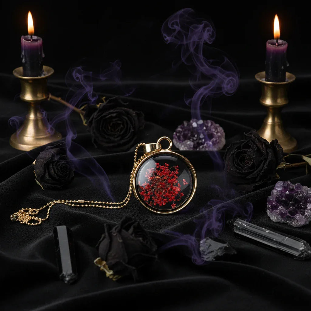 Dried Flower Necklace - Sorceress Sanctuary White K four-leaf clover-Purple branch and purple flower-White Golden Chrysanthemum-Golden four-leaf clover-Heart blossoms-pink