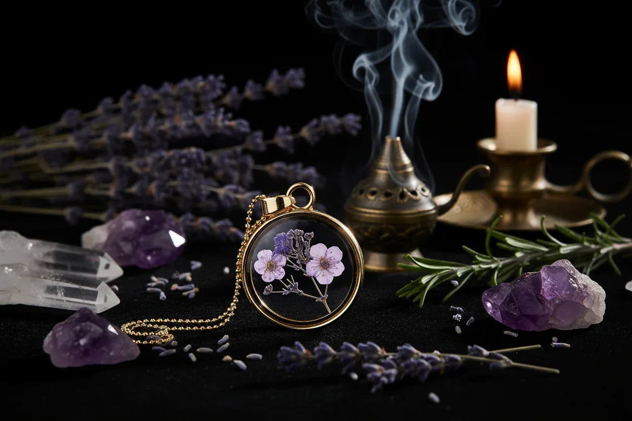 Dried Flower Necklace - Sorceress Sanctuary White K four-leaf clover-Purple branch and purple flower-White Golden Chrysanthemum-Golden four-leaf clover-Heart blossoms-pink
