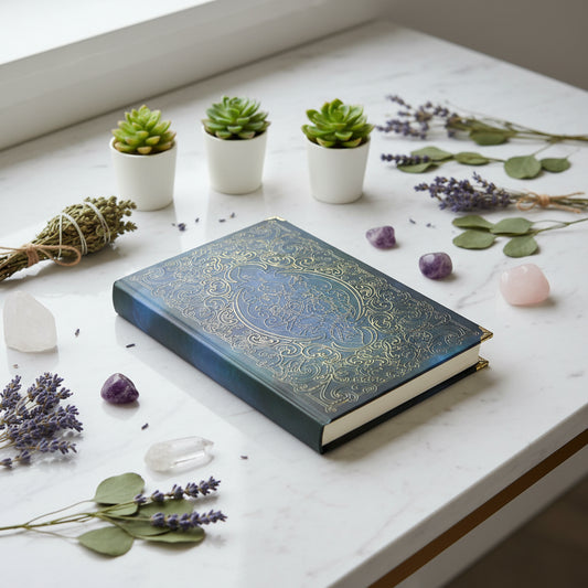 Decorative blue notebook with gold patterns on a newspaper background