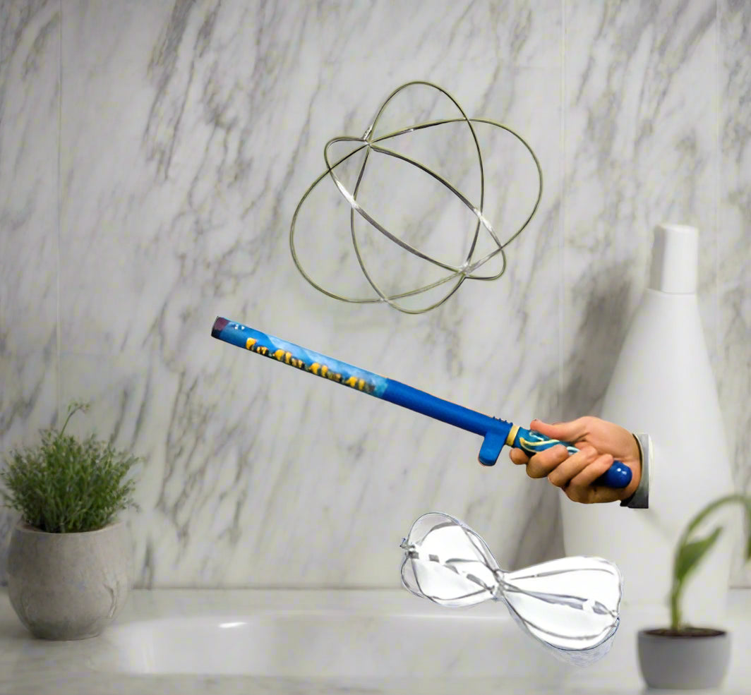 Blue toy wand with a hand holding it on a white background