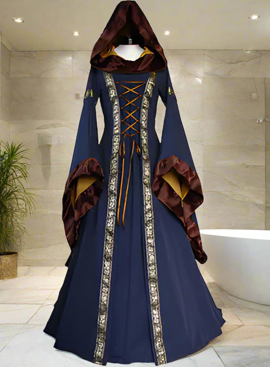 Blue hooded dress with intricate detailing on a white background