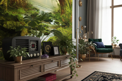 Nature-themed tapestry of a forest scene with a stream on a wall.