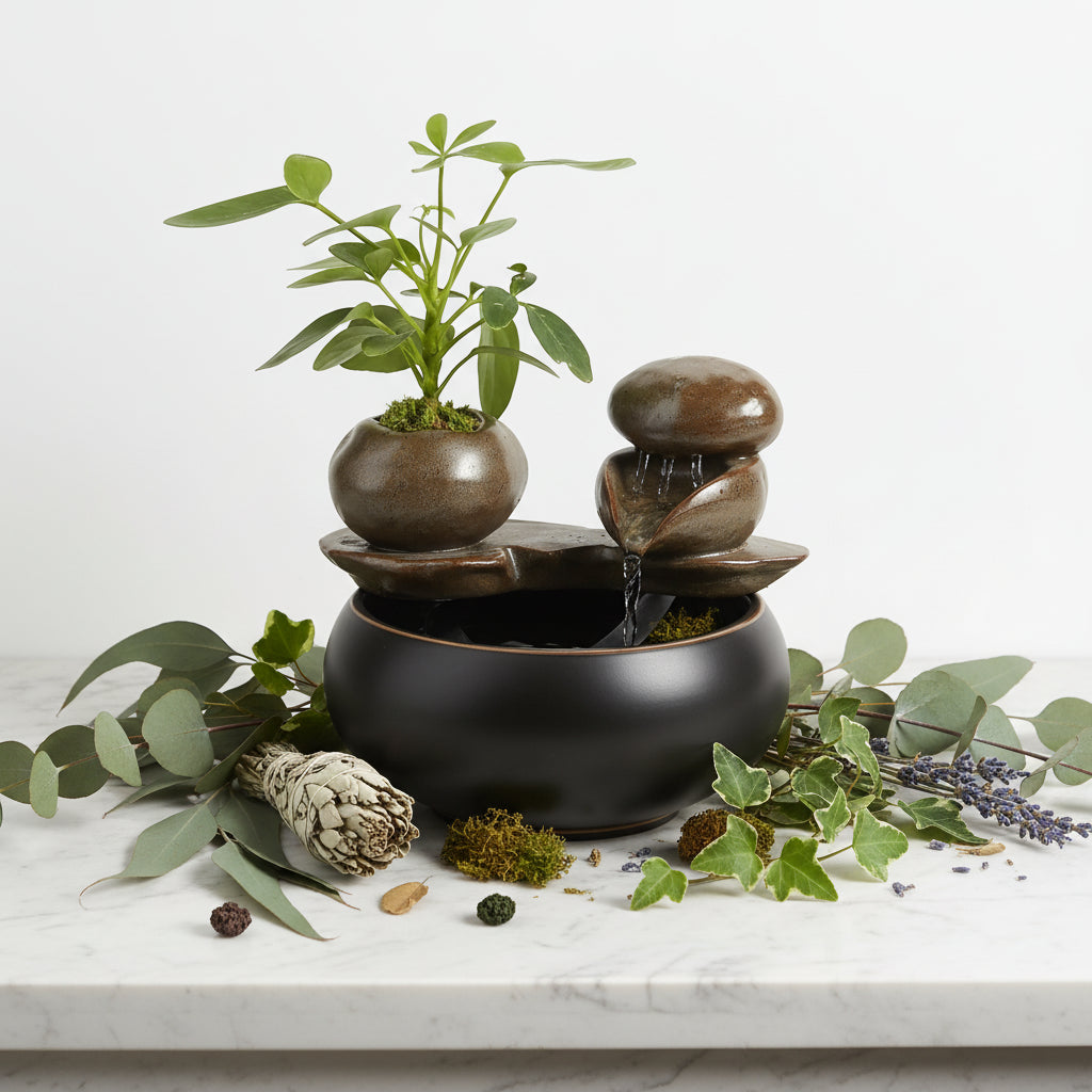 Ceramic water fountain with a small plant on a white background
