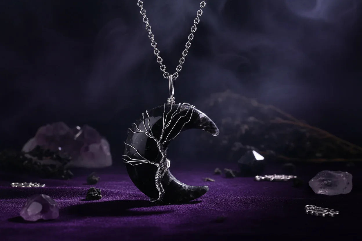 Enchanted Moon Pendant - Sorceress Sanctuary Black Obsidian  BC-Rose Quartz  BC-Amethyst-Tiger eye BC-Green Aventurine