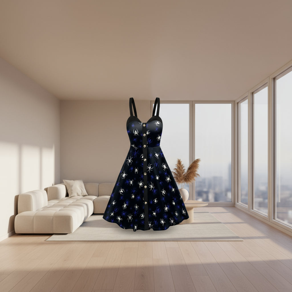 Black dress with spider pattern on a white background