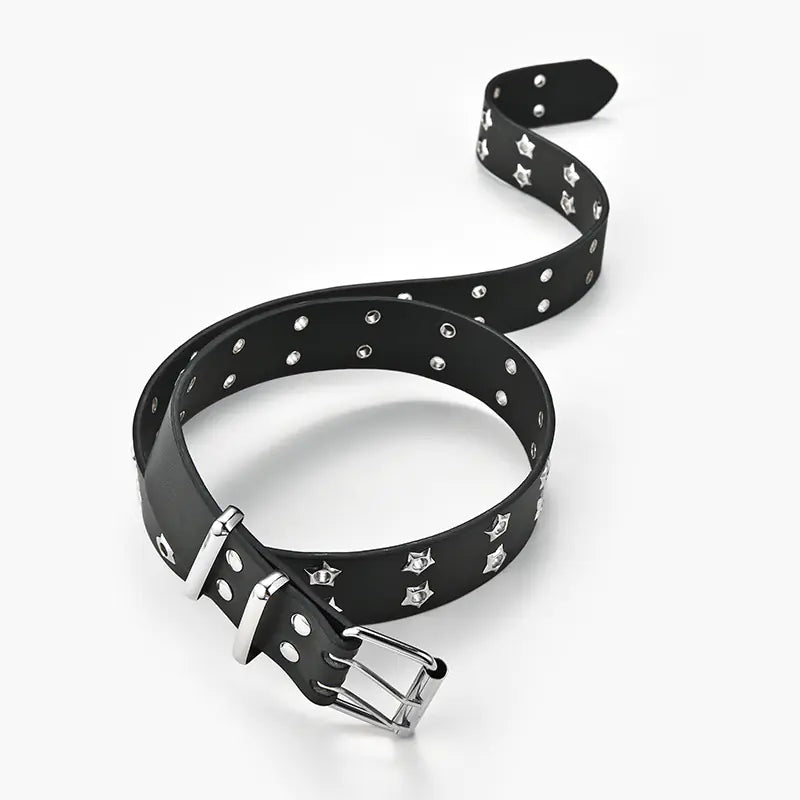 Black leather belt with silver studs on a white background