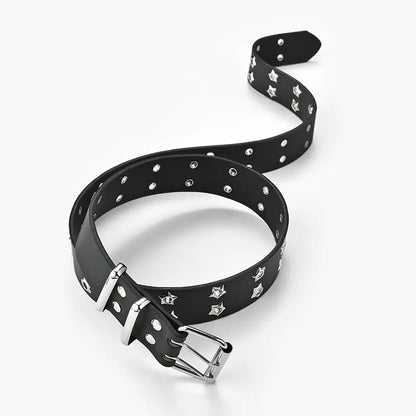 Black leather belt with silver studs on a white background