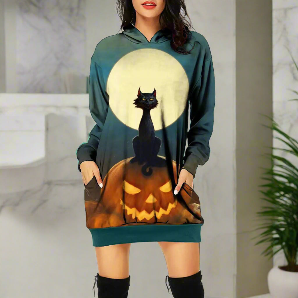 Halloween-themed hoodie dress with a black cat and pumpkin design on a white background