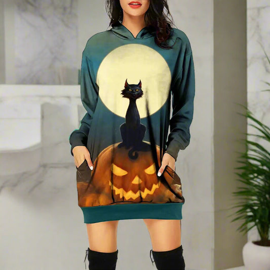 Halloween-themed hoodie dress with a black cat and pumpkin design on a white background