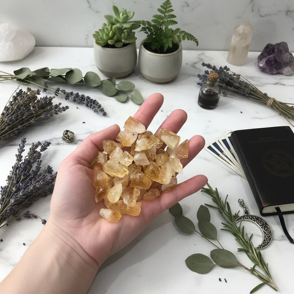 Hand holding a collection of yellow crystal rocks
