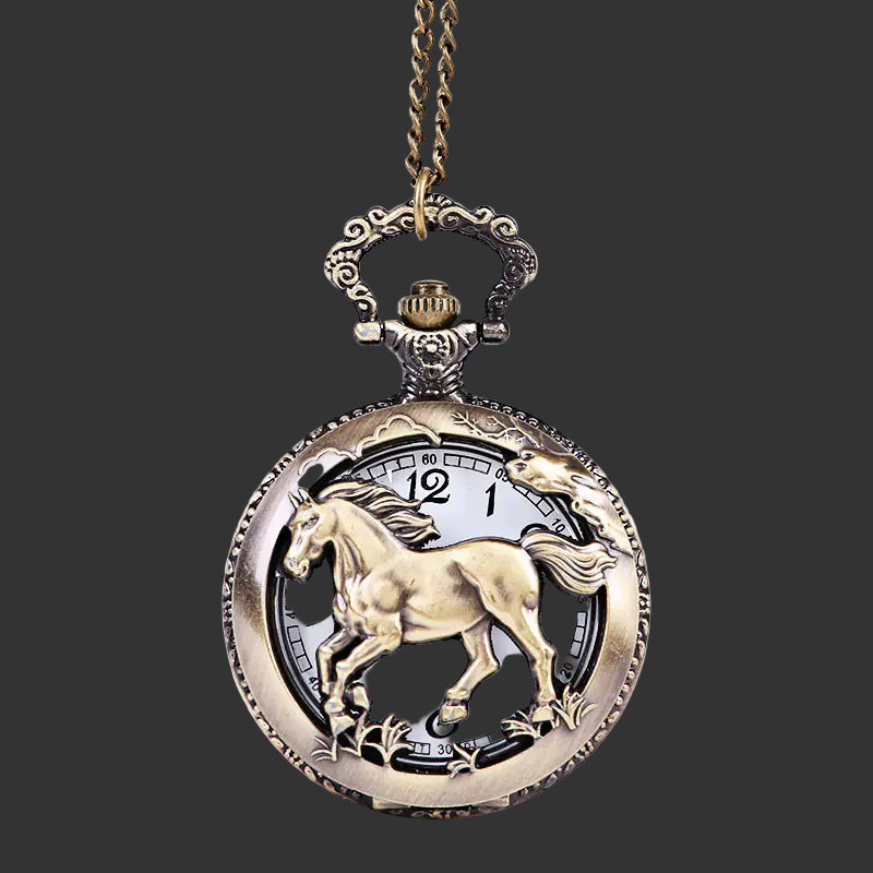 Pocket watch with horse design on a white background