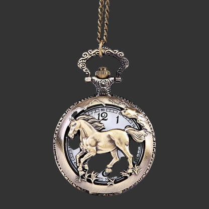 Pocket watch with horse design on a white background