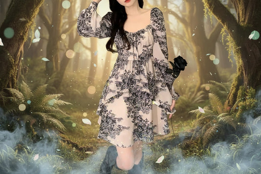Floral French Dress - Sorceress Sanctuary Photo Color / M-Photo Color / L-Photo Color / XL-Photo Color / 2XL-Photo Color / 3XL