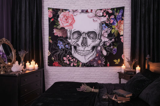 Skull with colorful flowers on a black background