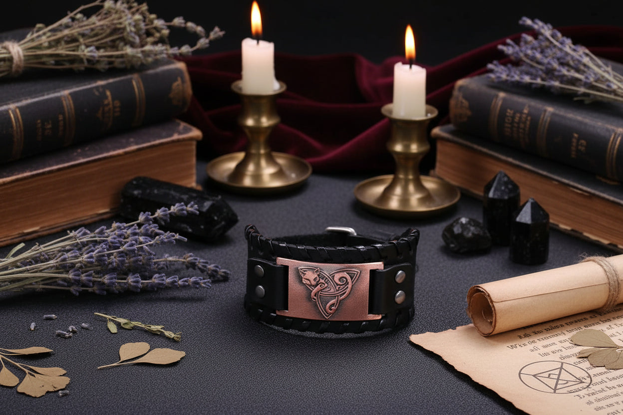 Fox Leather Bracelet - Sorceress Sanctuary Leather wide brown antique silver-Leather wide brown red-Leather wide black bronzing-Leather wide black antique silver-Leather wide black antique red