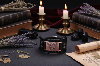 Fox Leather Bracelet - Sorceress Sanctuary Leather wide brown antique silver-Leather wide brown red-Leather wide black bronzing-Leather wide black antique silver-Leather wide black antique red