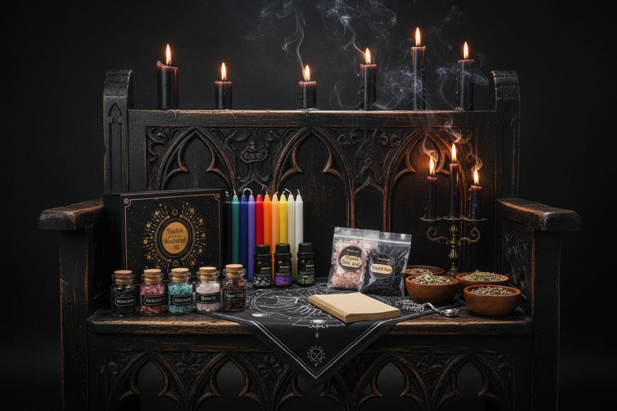 Witchcraft kit with dried herbs, color candles, essential oils, and crystals on a white background.
