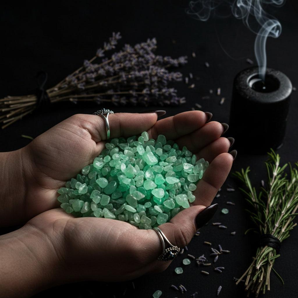 Hand holding a small pile of green sea glass against a neutral background