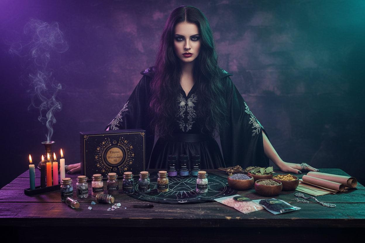 Witchcraft kit with dried herbs, color candles, essential oils, and crystals on a white background.