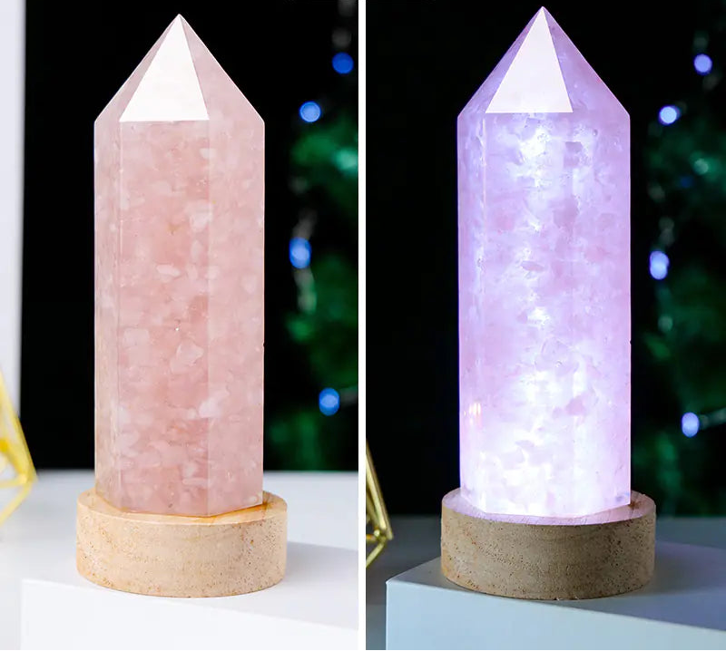 Two crystal lamp designs, one pink and one purple, on a dark background.
