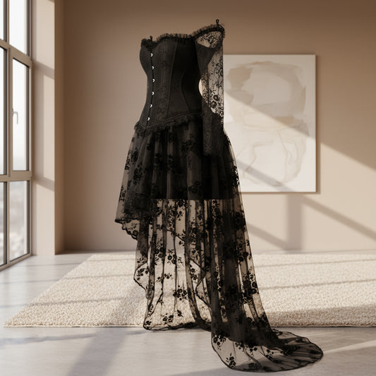 Black corset with floral lace overlay on a white background